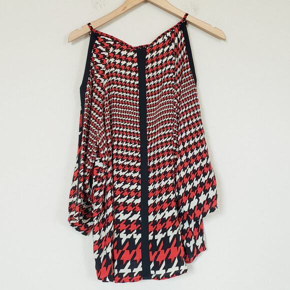 Jodi B Wise Silk Houndstooth Cold Shoulder Tunic Top Blouse Women's Medium Artsy - Picture 2 of 9